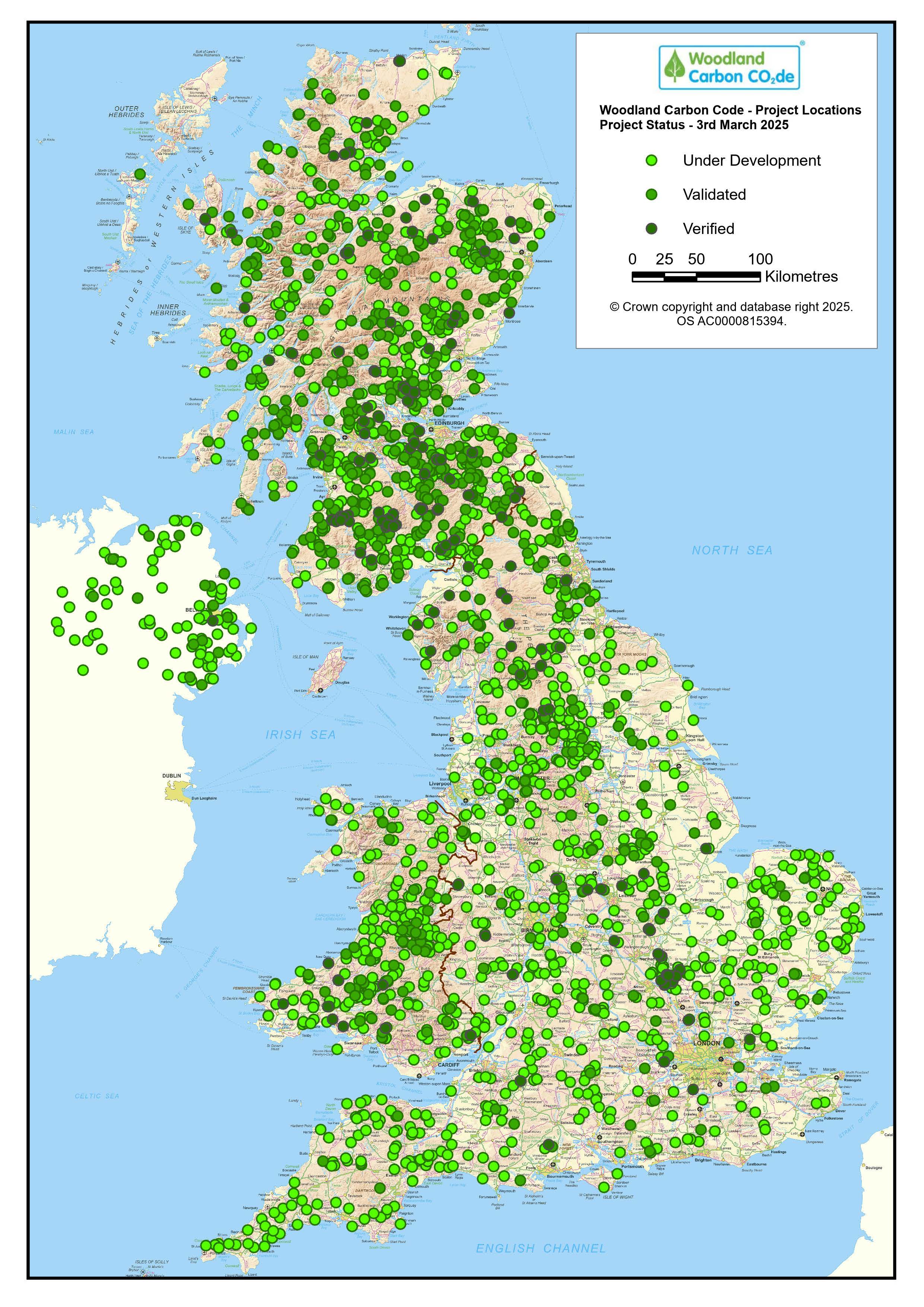 A map of the UK with green dots representing Woodland Carbon Code projects