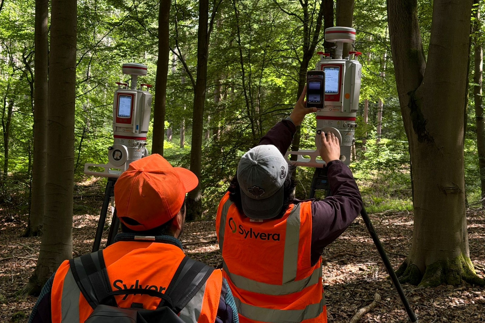sylvera team look at terrestrial laser scanner in woodland